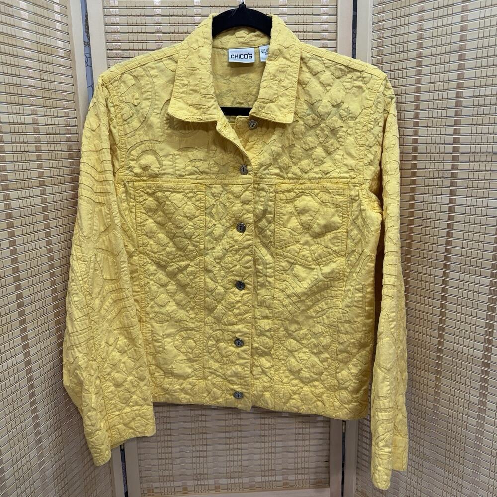 Chico's Jacket Women's Size 0 Yellow Appliqued Collared Cotton